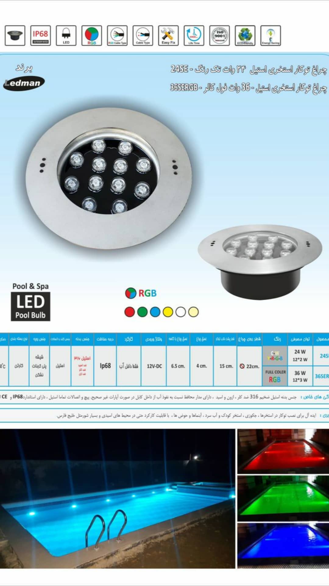 چراغ توکار استخری استیل 12 ولت Ledman مدل 36SERGB - تصویر 1