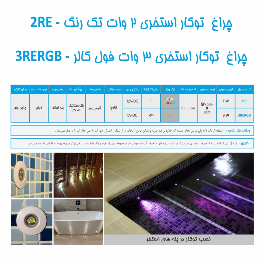 چراغ توکار استخری فول کالر 3وات 5ولت Emaxمدل3RERGB - تصویر 4