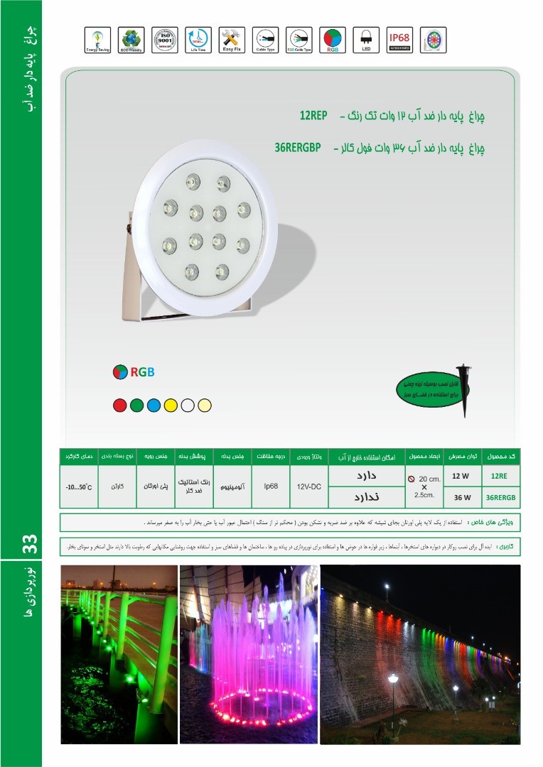 چراغ پایه دار ضد آب فول کالر12ولت Emaxمدل 36RERGBP - تصویر 2