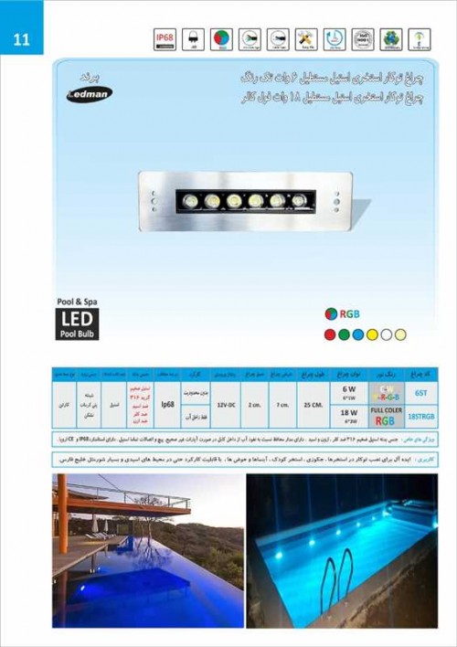 چراغ توکار استخری مستطیل استیل 12ولتLedmanمدل 6ST
