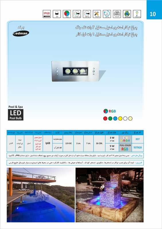 چراغ توکار استخری مستطیل استیل12ولتLedmanمدل9STRGB - تصویر 1
